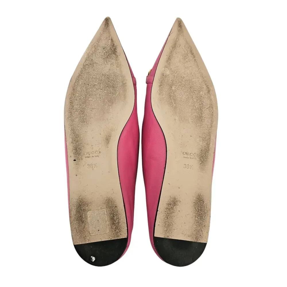 Gucci Horsebit Chain Pointed Toe Ballet Flat Size 38.5 US 8.5 Pink Gold Silver